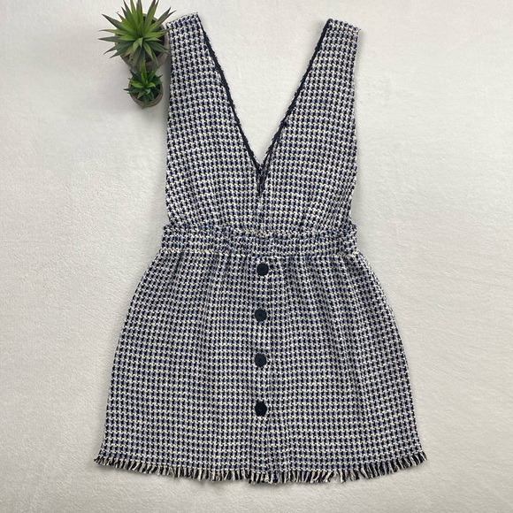 Zara Dresses & Skirts - Zara Textured Weave Sleeveless Button Pinafore Mini Dress (Blue/Black/White)